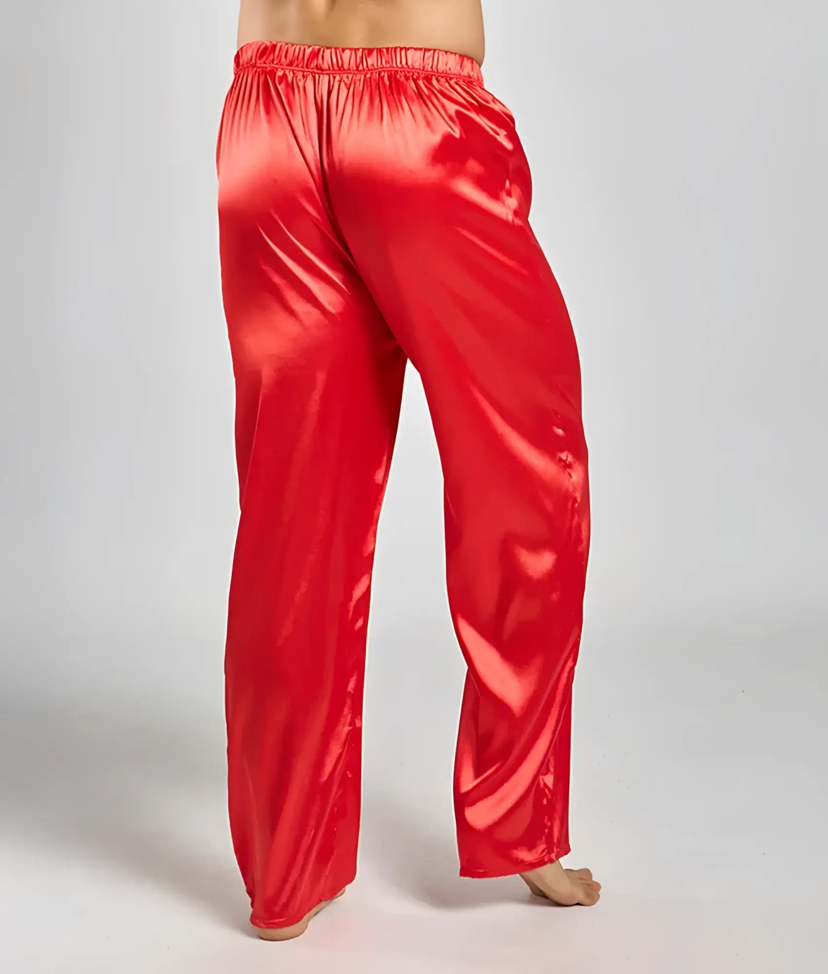 Red satin pajama pants with elastic waistband from malebasics pants satin collection