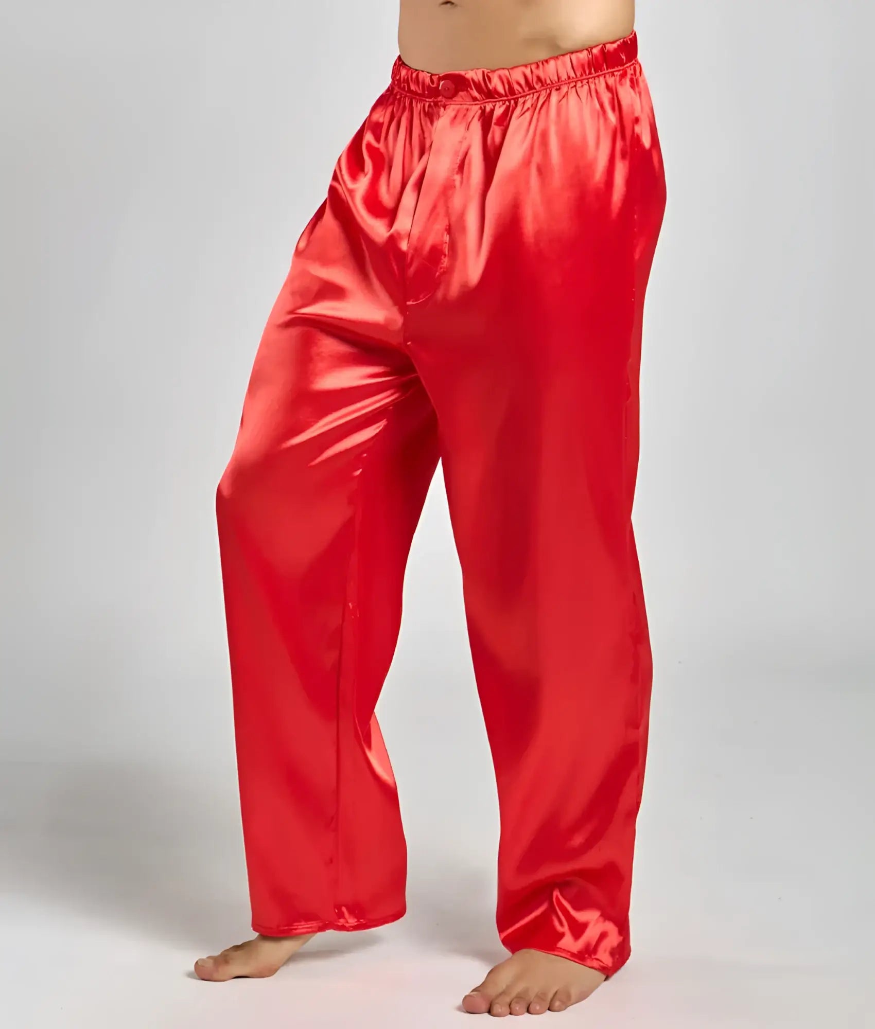 Red satin pajama pants from Malebasics with an elastic waistband and smooth glossy finish