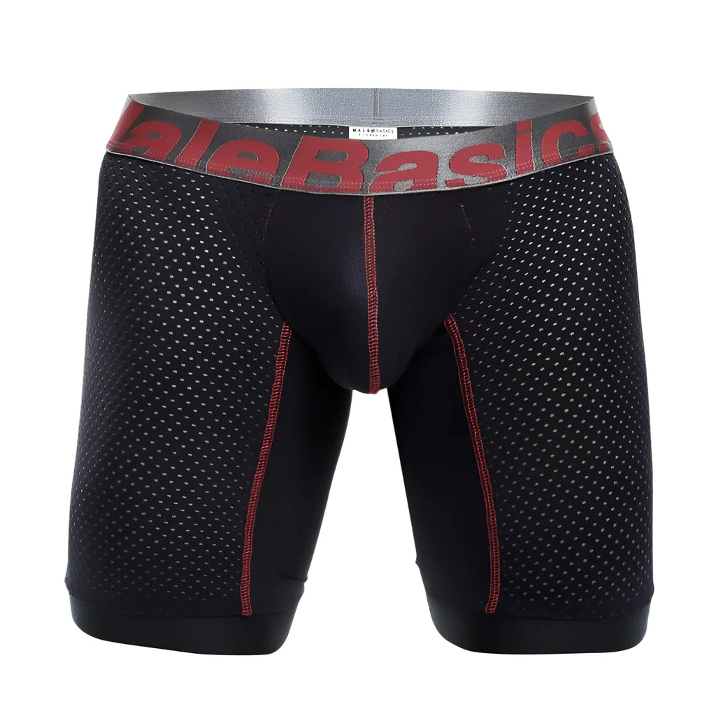 Black mesh malebasics performance titanium fit athletic boxer briefs with red stitching and gray logo waistband