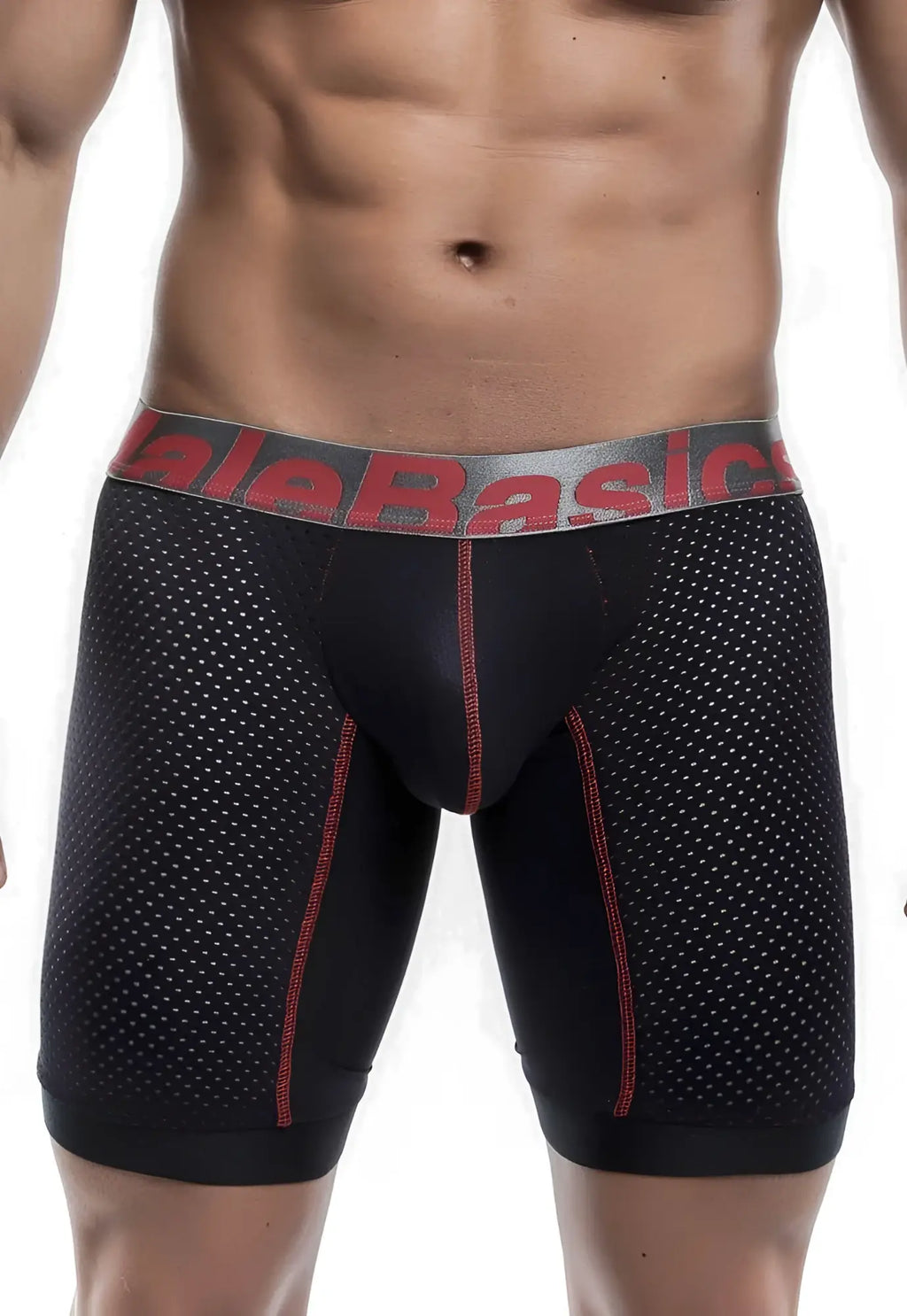 Malebasics performance titanium fit athletic boxer black briefs with perforated mesh and red stitching waistband
