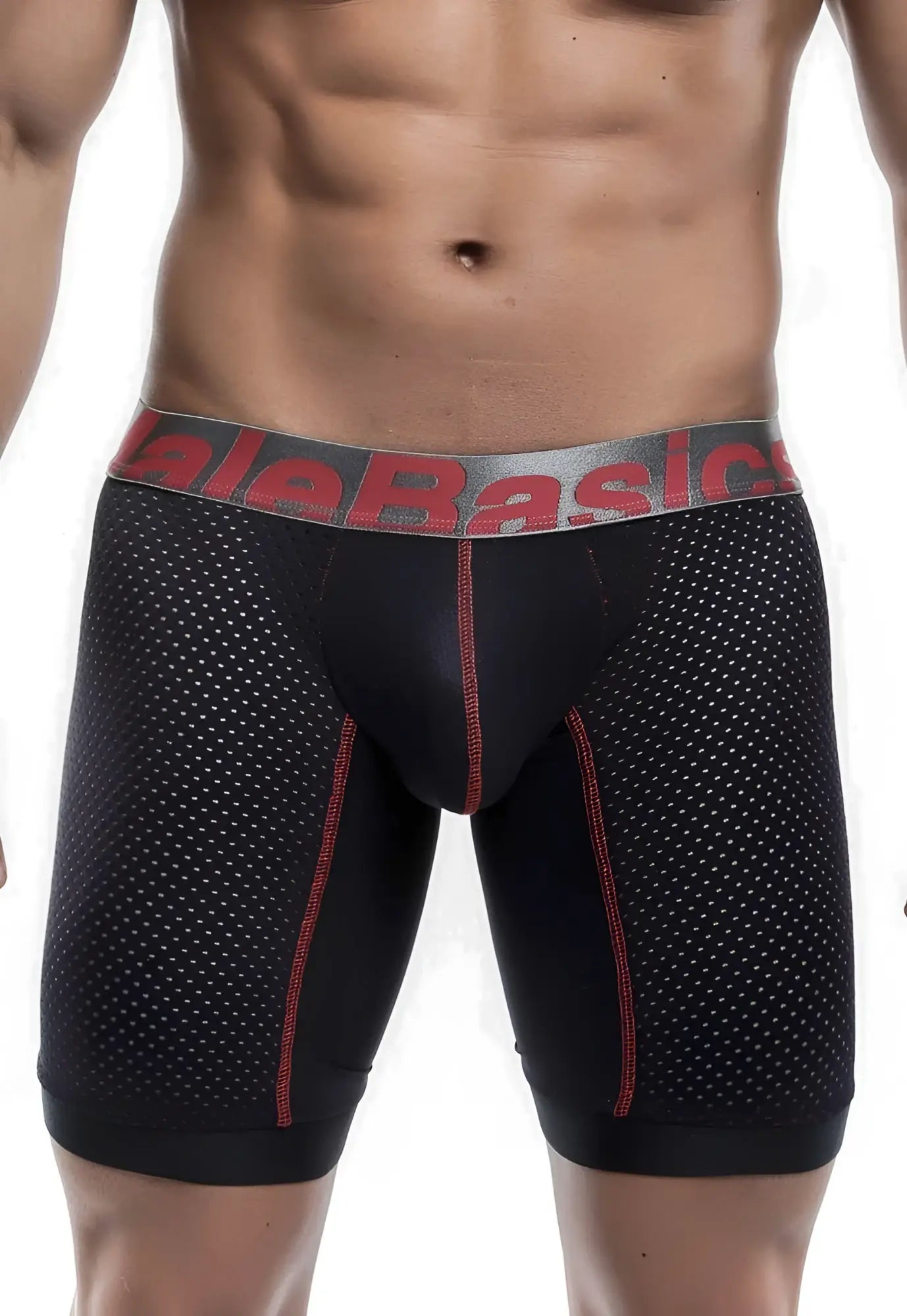 Malebasics performance titanium fit athletic boxer black briefs with perforated mesh and red stitching waistband