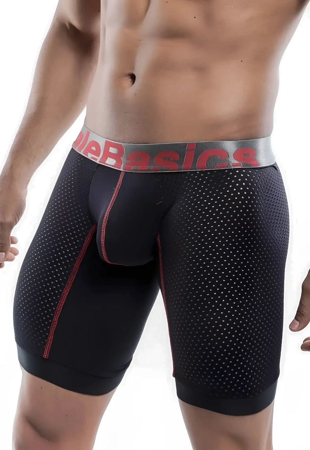 Black perforated mesh boxer briefs with red stitching and a gray mebasics logo waistband for athletic performance