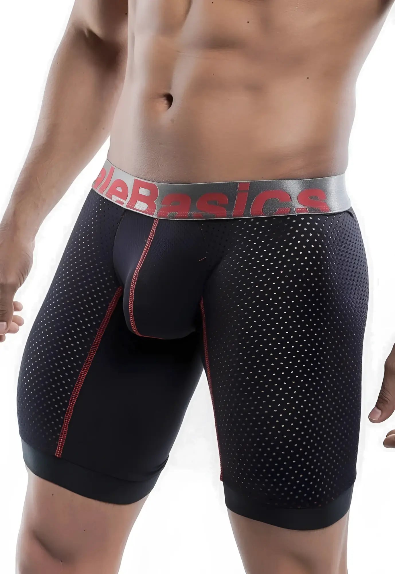 Black perforated mesh boxer briefs with red stitching and a gray mebasics logo waistband for athletic performance