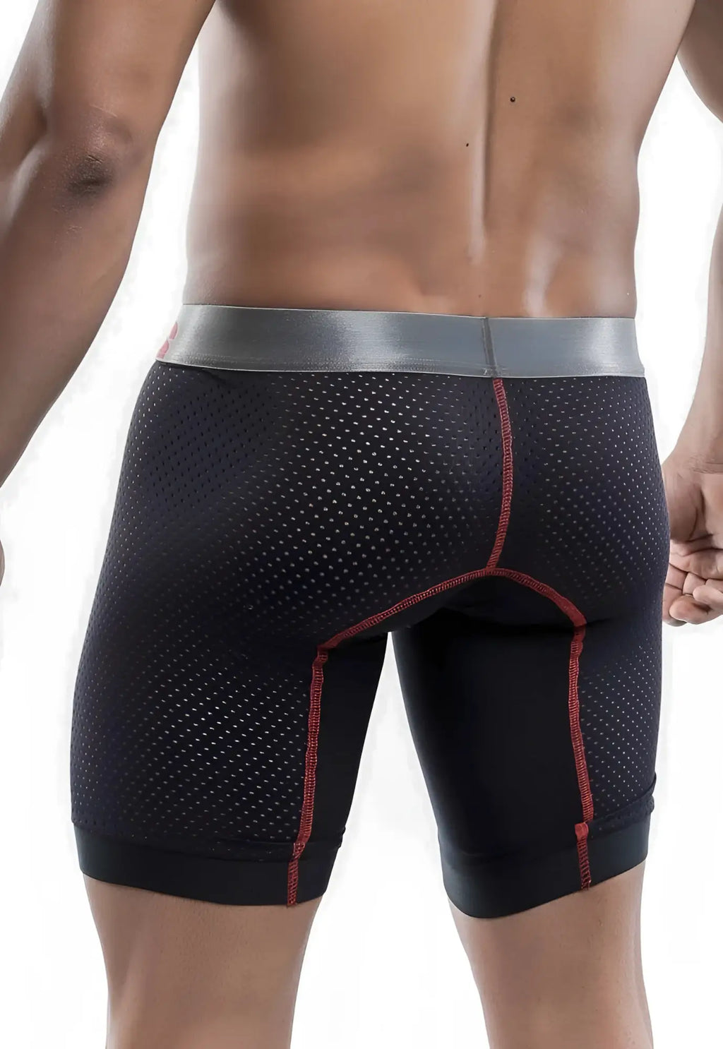 Malebasics performance titanium fit black perforated athletic boxer briefs with silver waistband and red stitching