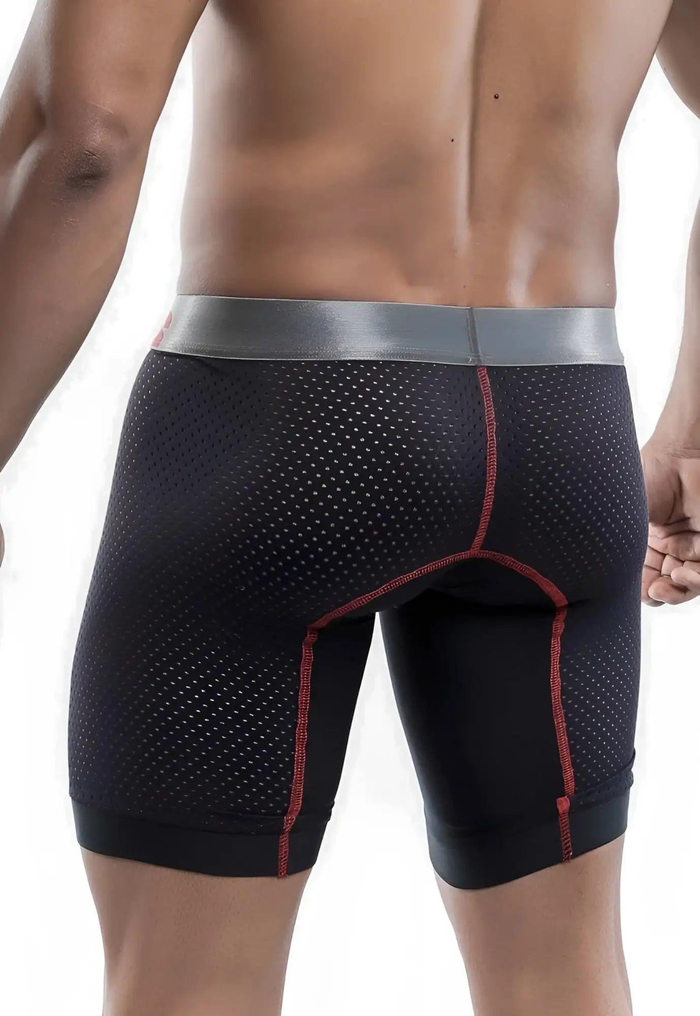 Malebasics performance titanium fit black perforated athletic boxer briefs with silver waistband and red stitching