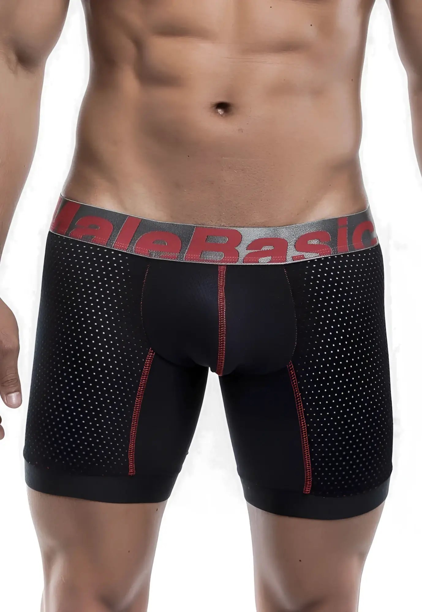 Black malebasics performance titanium fit boxer briefs with perforated mesh design and red stitching on gray waistband