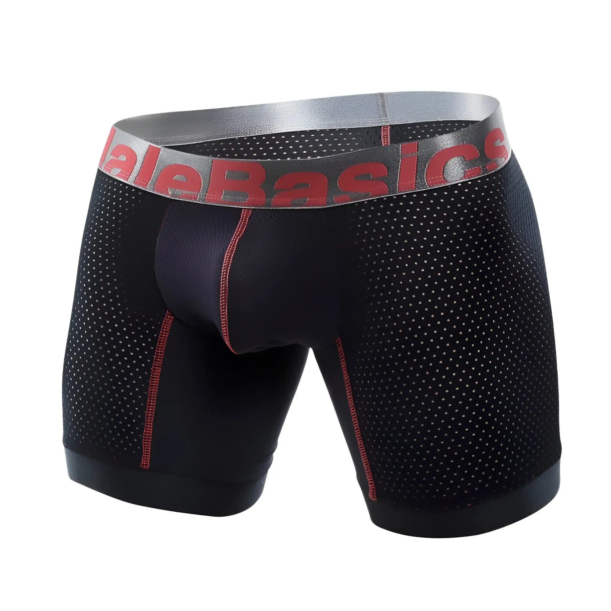 Malebasics performance titanium fit boxer brief in black mesh with red stitching and gray waistband logo visible