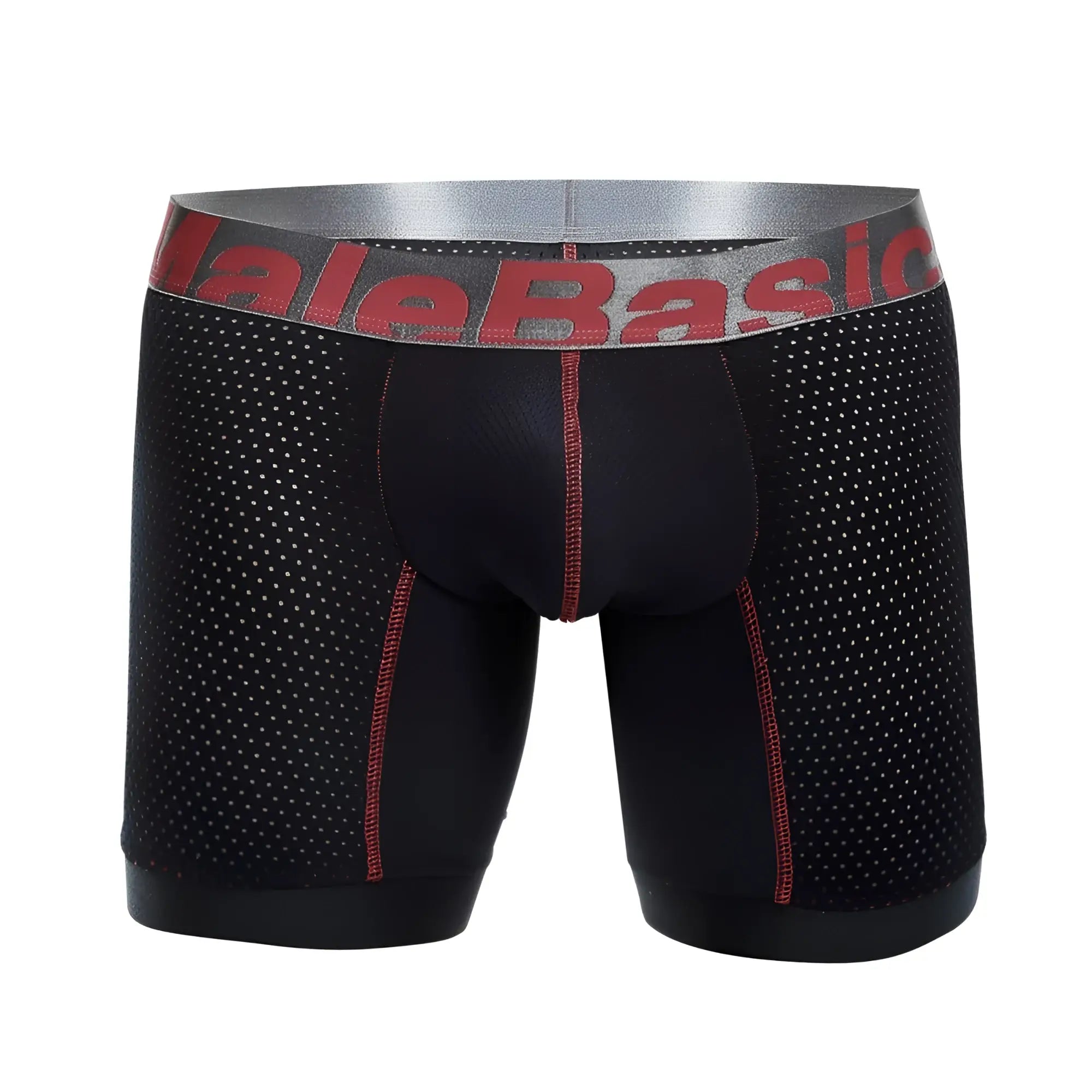 Malebasics performance titanium fit black mesh boxer briefs with red stitching and silver waistband logo