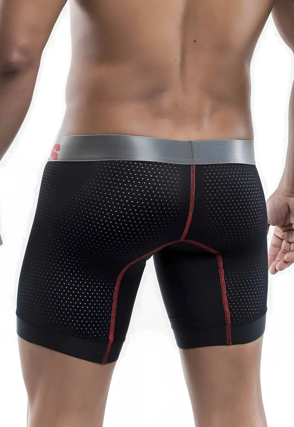 Malebasics performance titanium fit black perforated athletic boxer brief with gray waistband and red stitching accents
