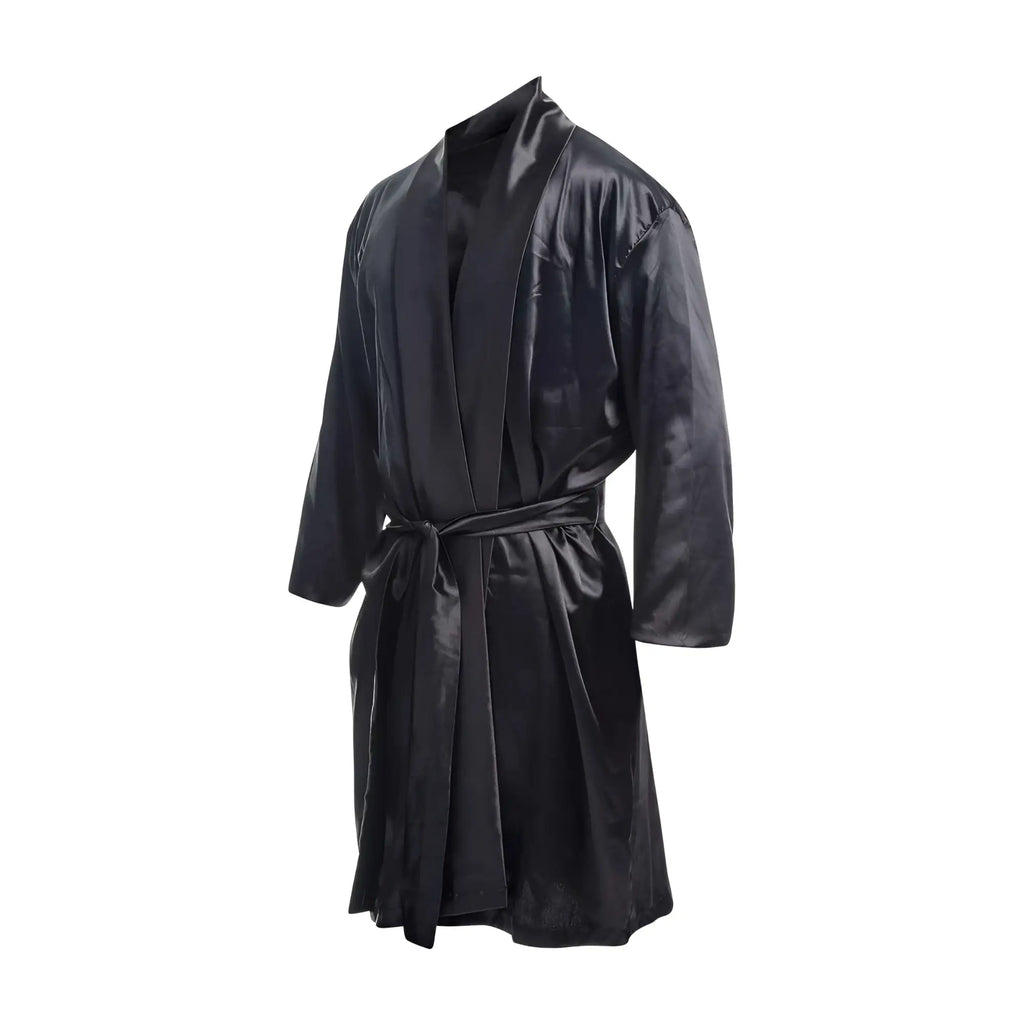 Black satin Malebasics robe with matching belt showcasing smooth fabric and elegant loungewear style