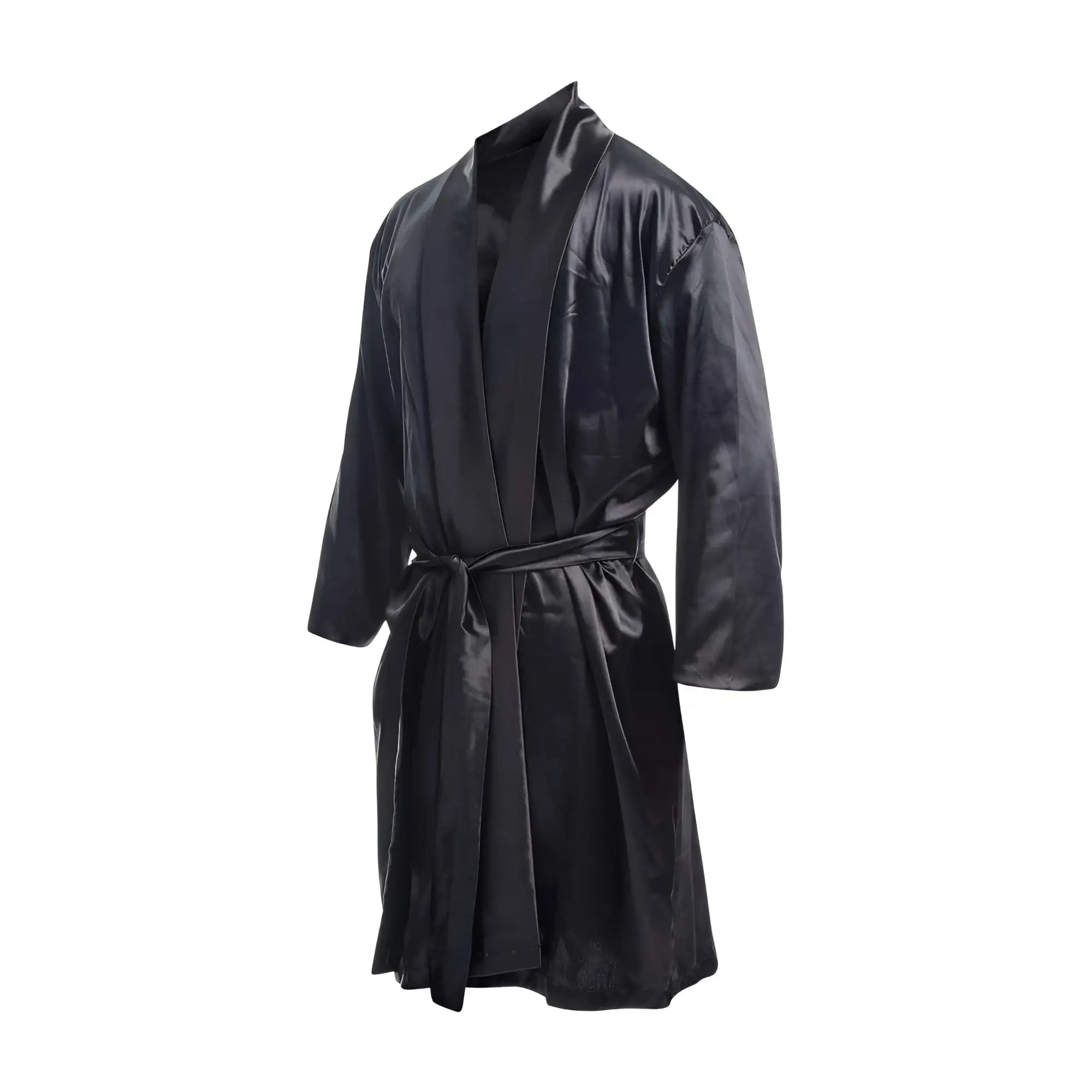 Black satin Malebasics robe with matching belt showcasing smooth fabric and elegant loungewear style