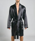 Black satin robe malebasics with sleek glossy finish and matching belt for stylish loungewear and comfort