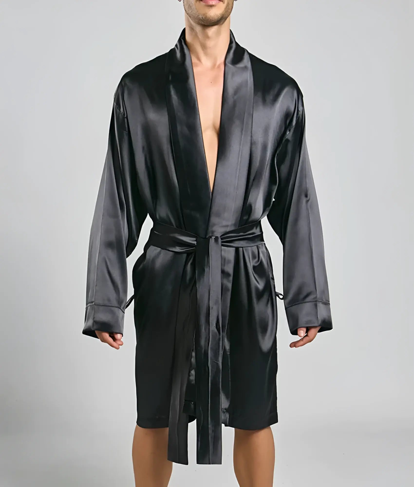Black satin robe malebasics with sleek glossy finish and matching belt for stylish loungewear and comfort