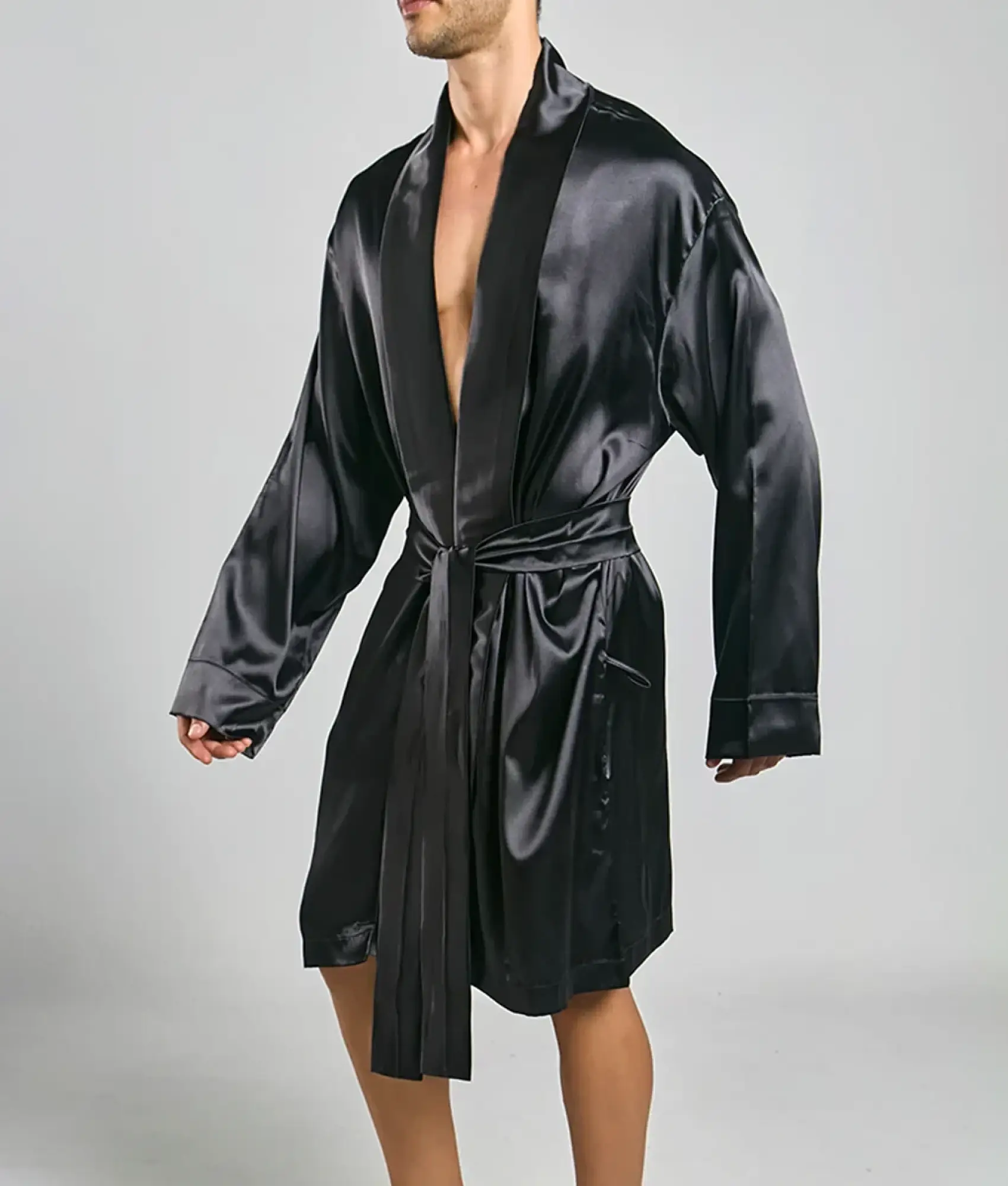Black satin robe malebasics with sleek glossy finish and matching belt for comfortable loungewear