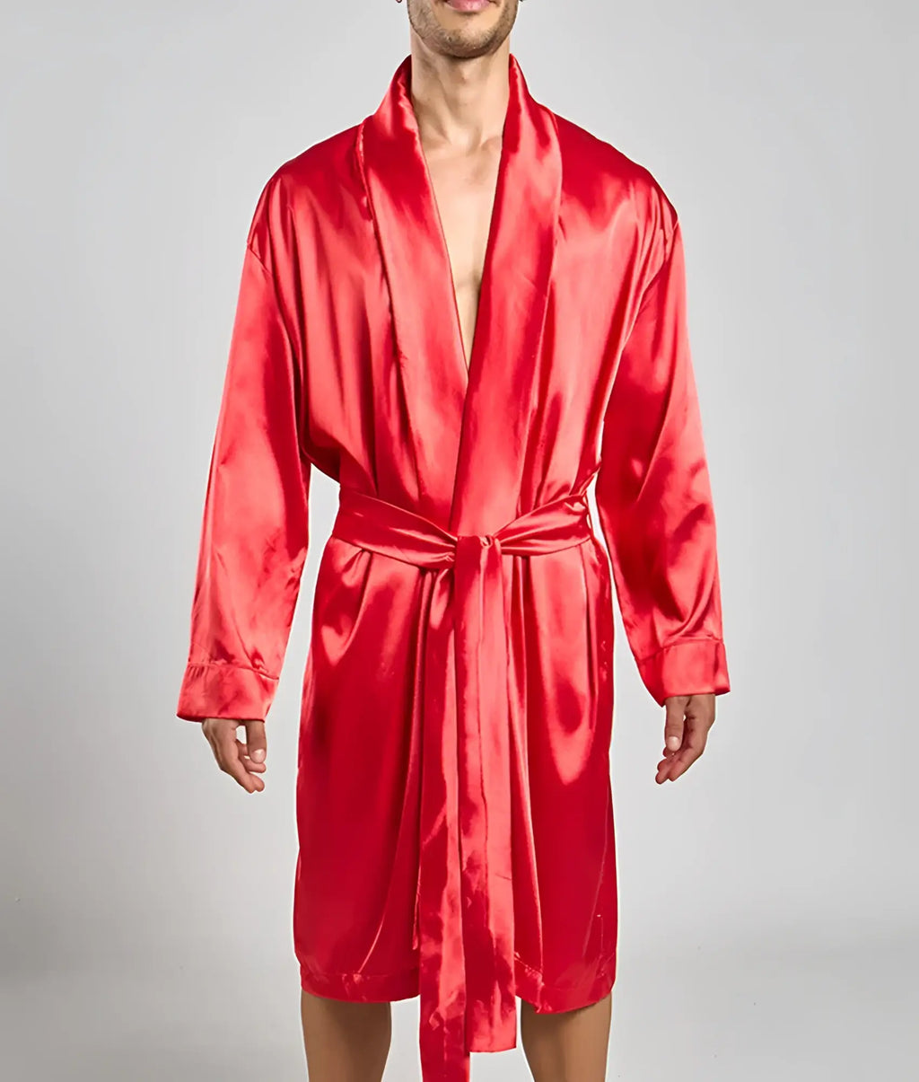 Malebasics robe satin vibrant red satin robe with matching belt long sleeves and classic wrap design
