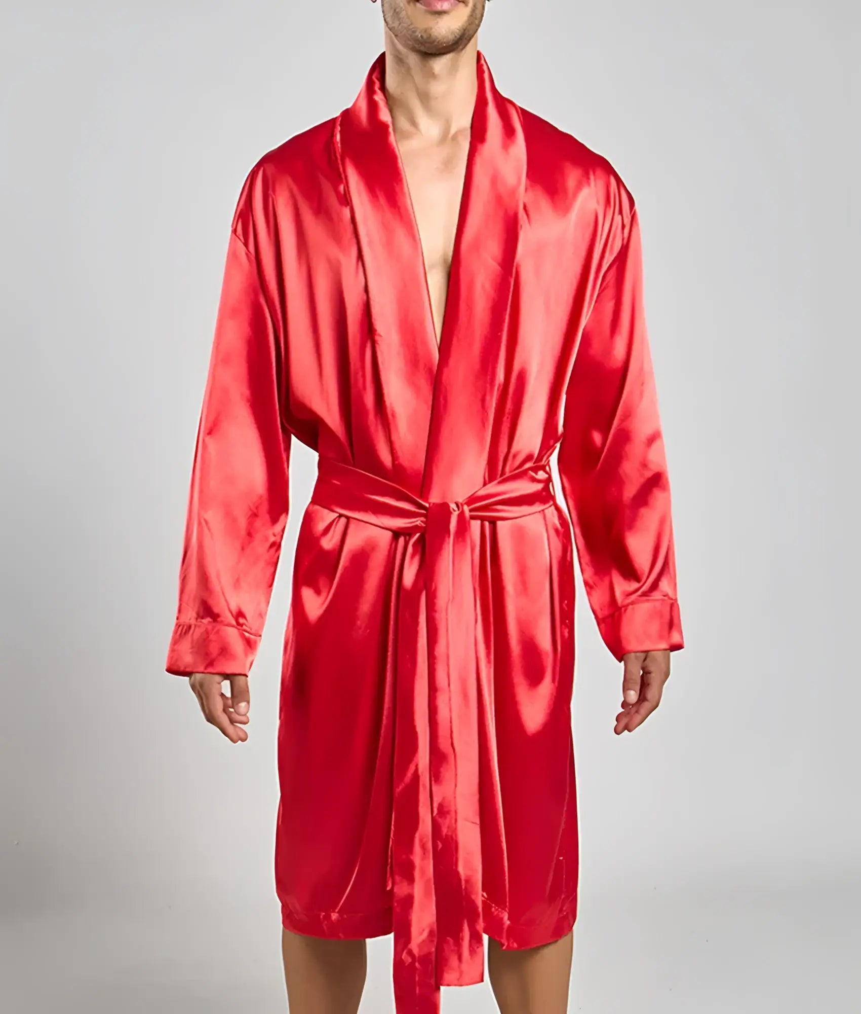 Malebasics robe satin vibrant red satin robe with matching belt long sleeves and classic wrap design