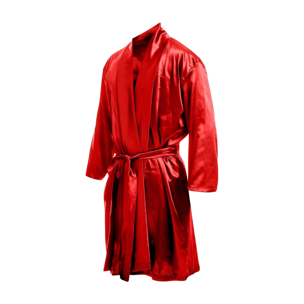 A vibrant red satin Malebasics robe with long sleeves a matching belt and classic wrap design