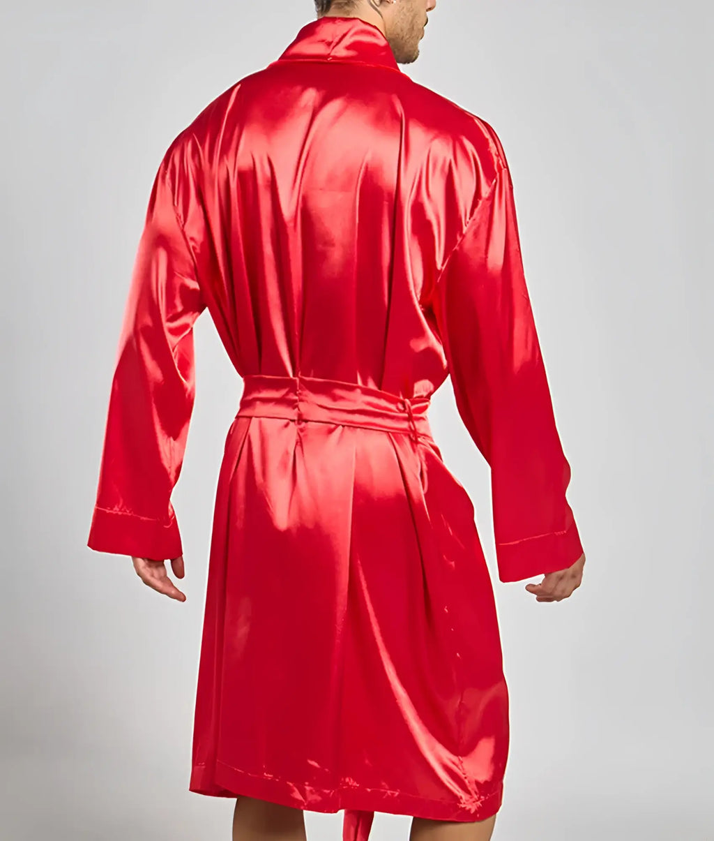 A vibrant red satin robe with a high collar and matching belt from Malebasics Robe Satin collection