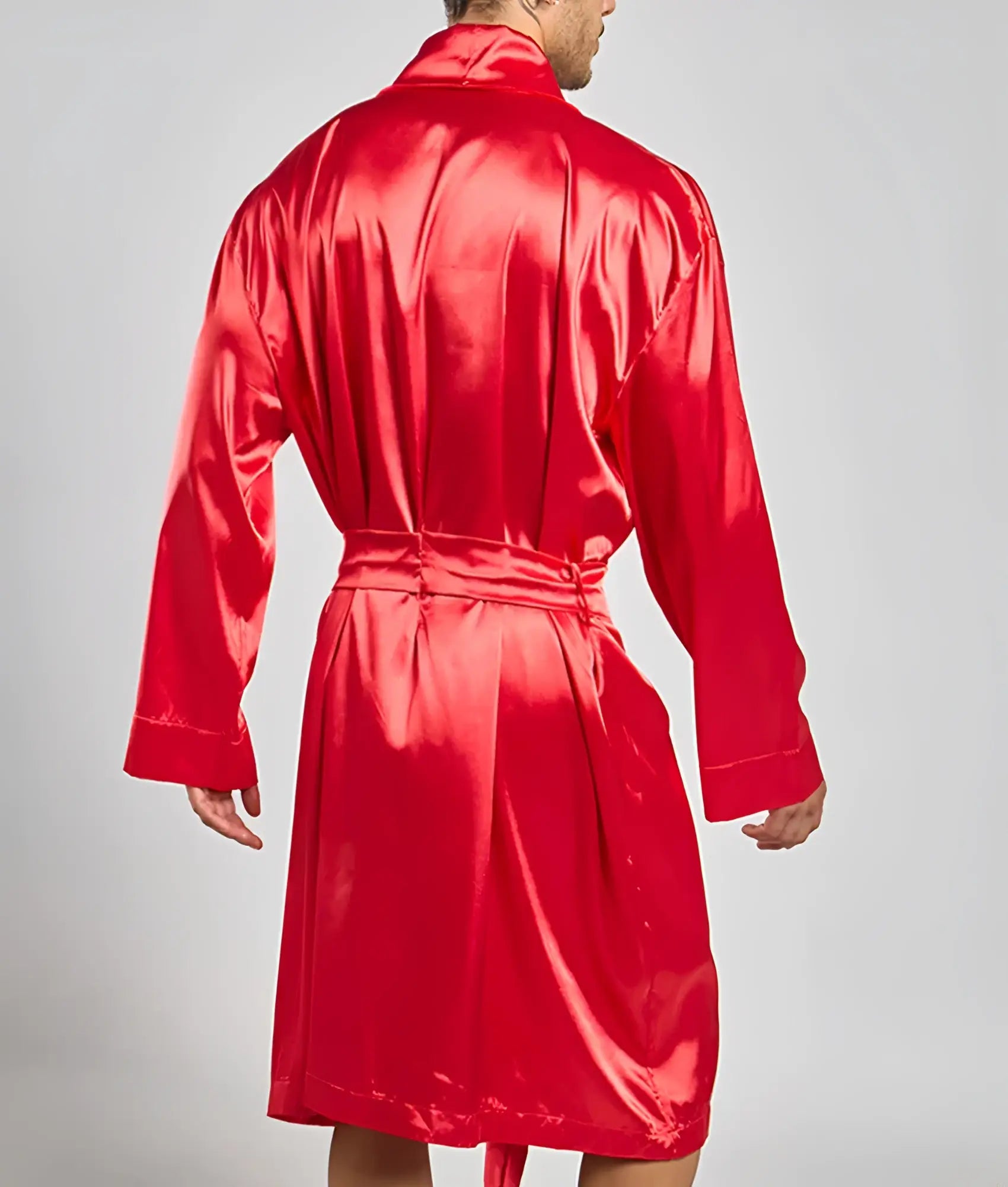 A vibrant red satin robe with a high collar and matching belt from Malebasics Robe Satin collection
