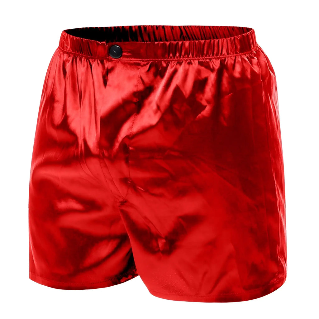 Red satin boxer shorts from malebasics featuring a black button at the waistband
