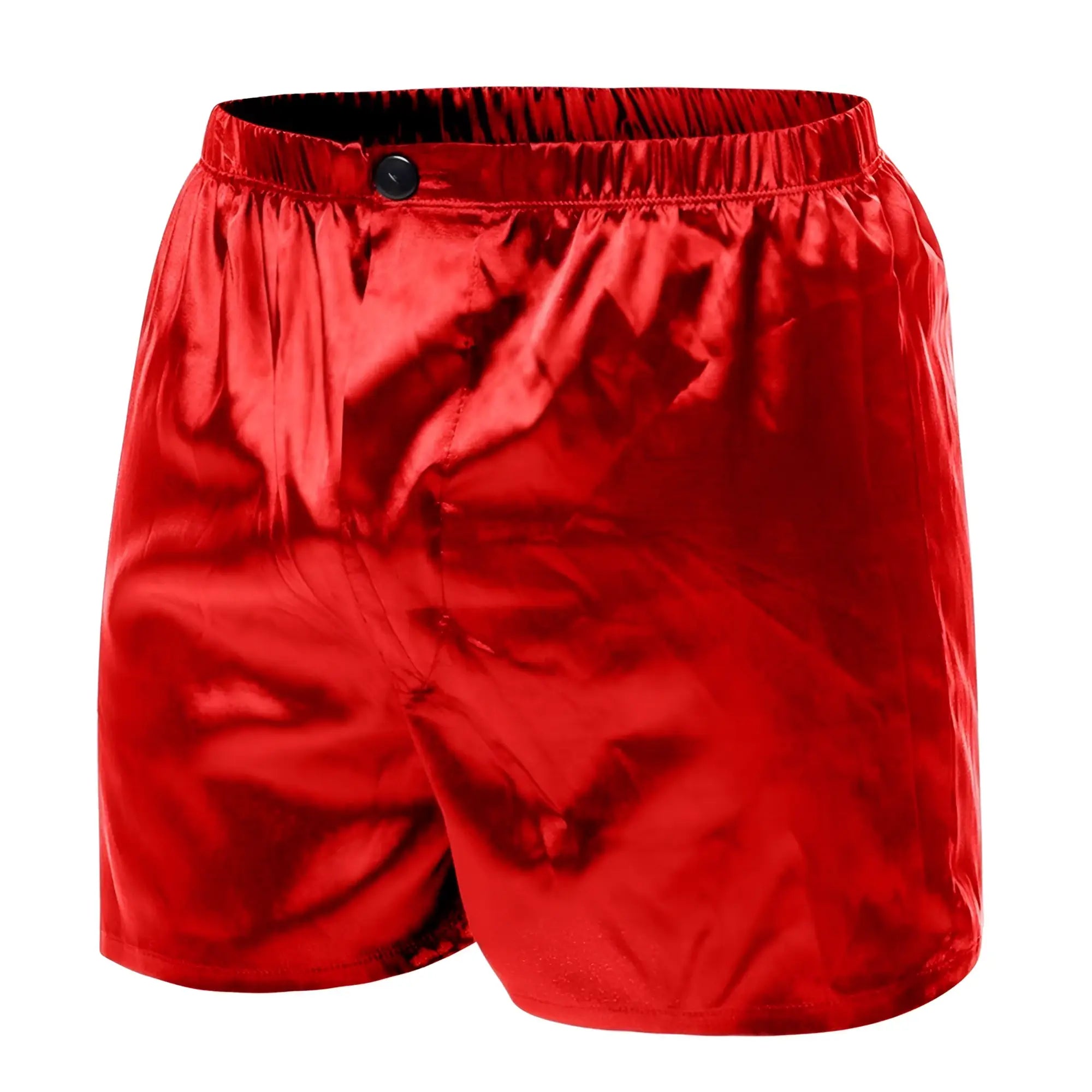 Red satin boxer shorts from malebasics featuring a black button at the waistband