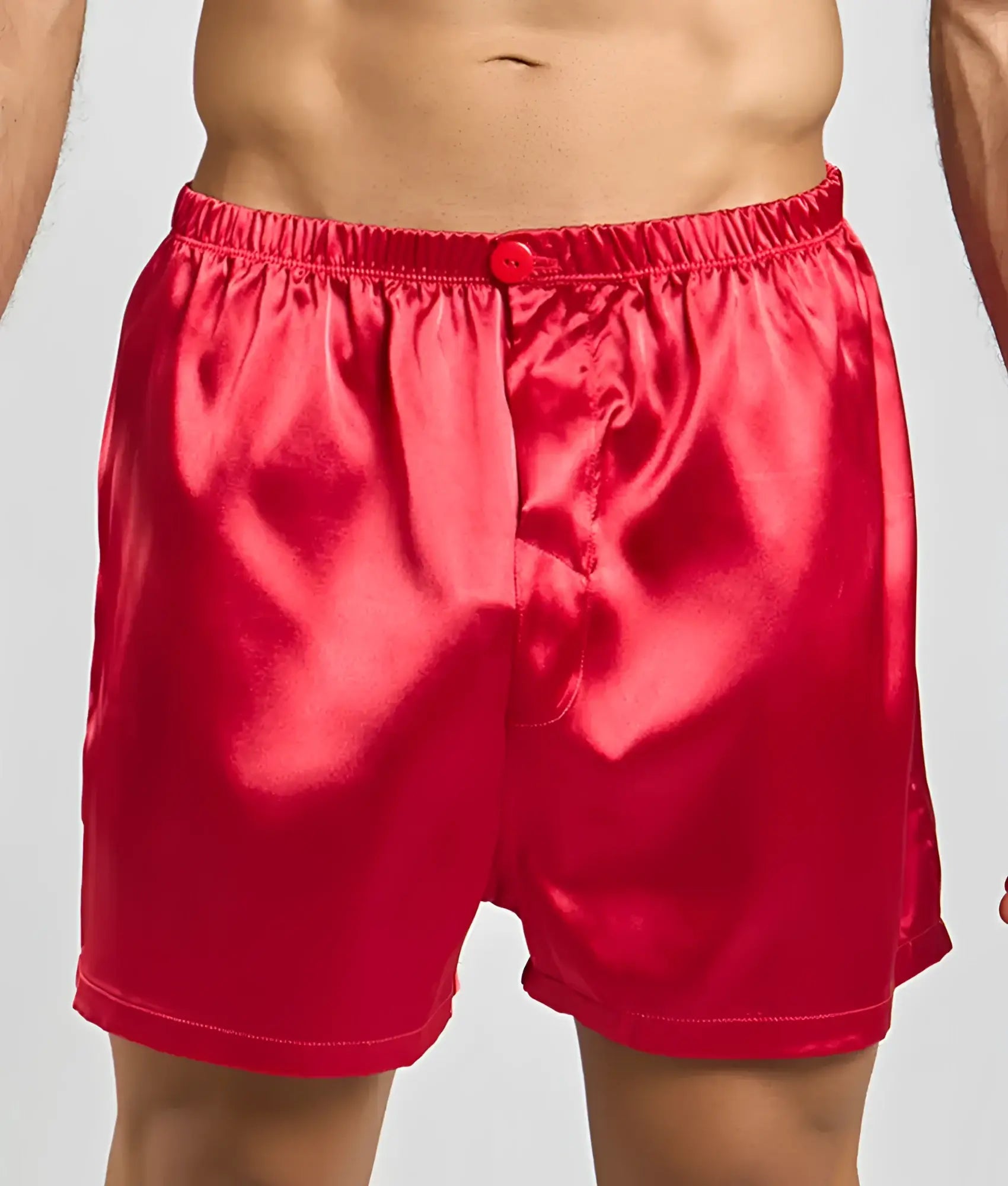 Malebasics shorts satin vibrant red satin boxer shorts with button closure and elastic waistband front view