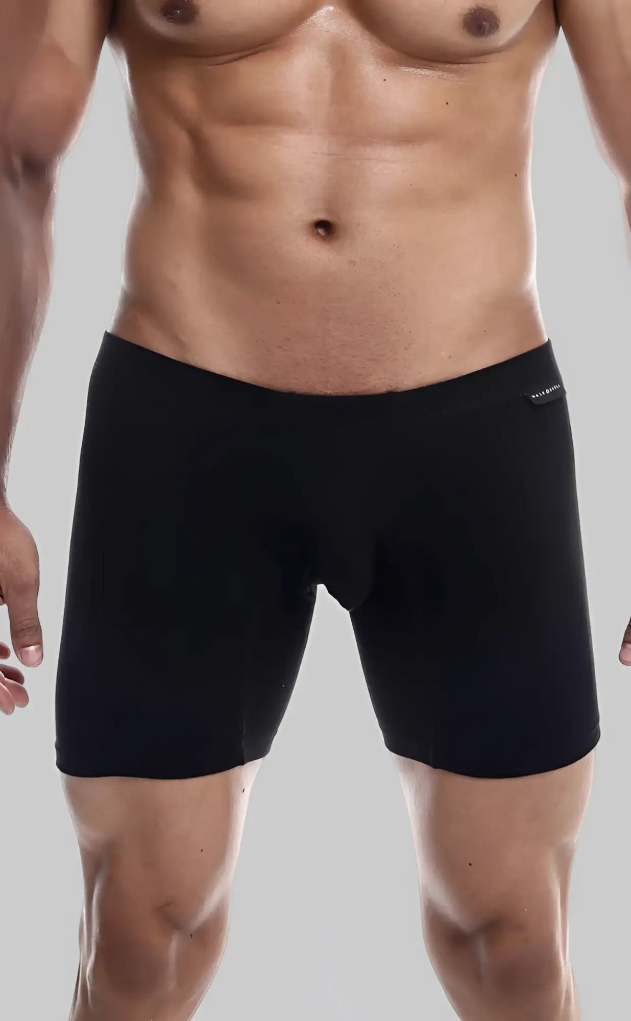 Black malebasics silver boxer briefs with smooth form-fitting fabric and subtle logo on waistband front view