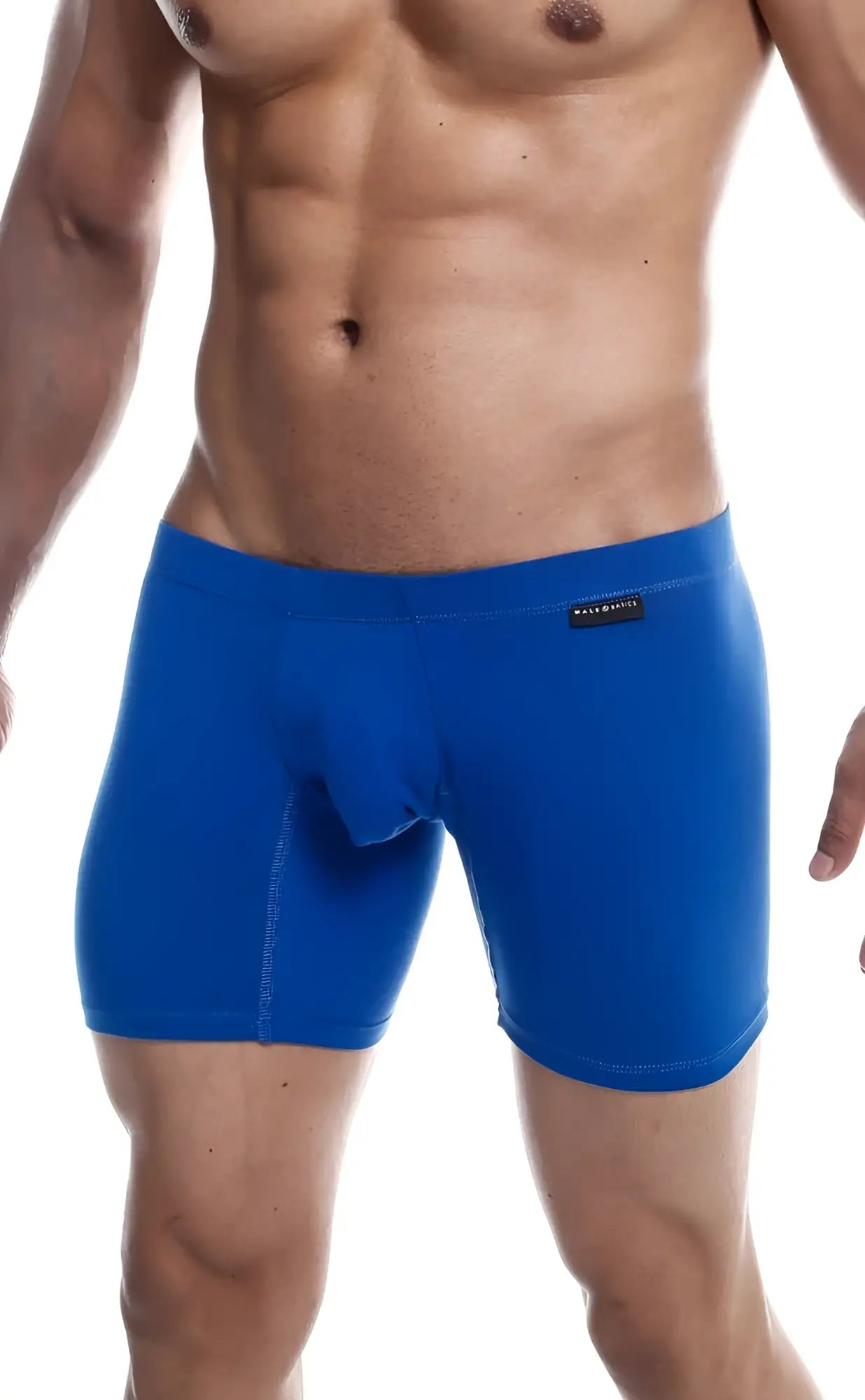 Malebasics silver plus bright blue form-fitting boxer briefs with smooth fabric and black waistband tag