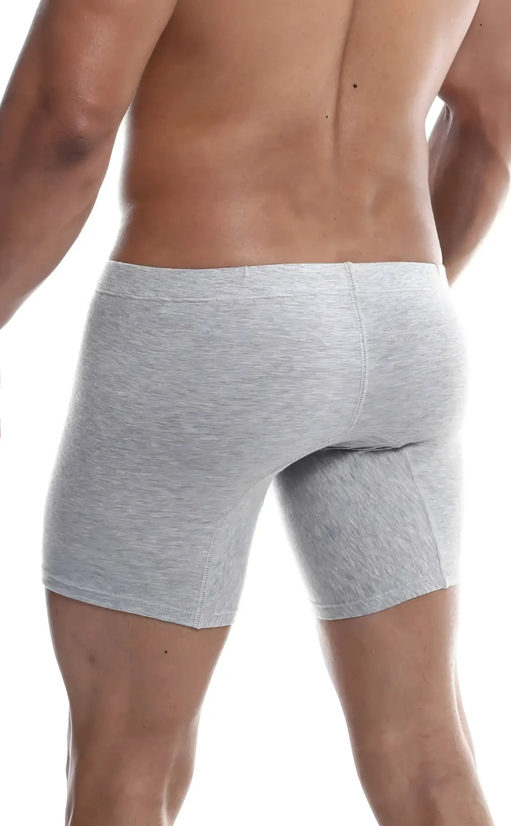 Gray heathered men’s boxer briefs with a snug fit and elastic waistband from Malebasics silver plus 3 pack
