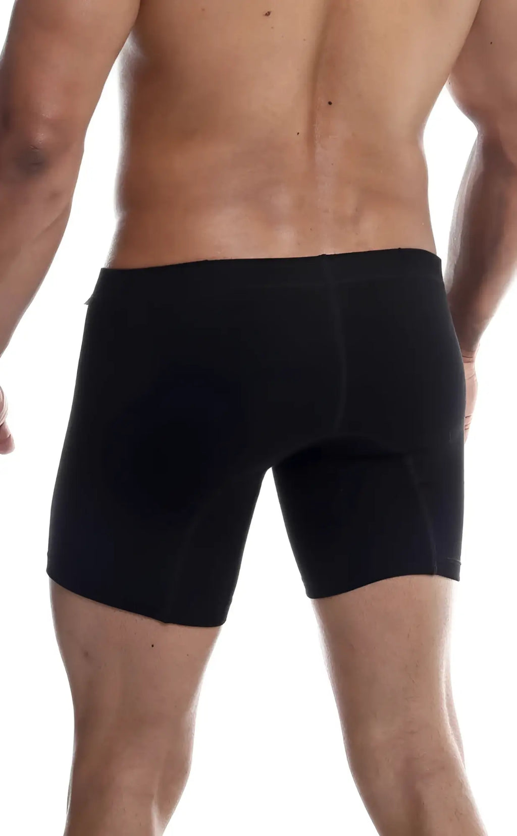 MaleBasics silver boxer brief in black smooth form-fitting fabric with subtle seam detailing for athletic use