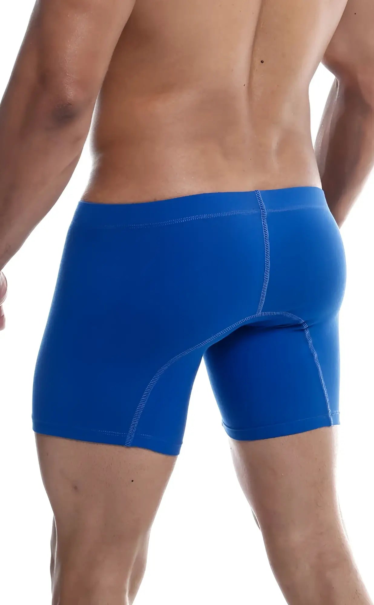 Malebasics silver plus bright blue athletic boxer briefs with snug fit and subtle white stitching along seams
