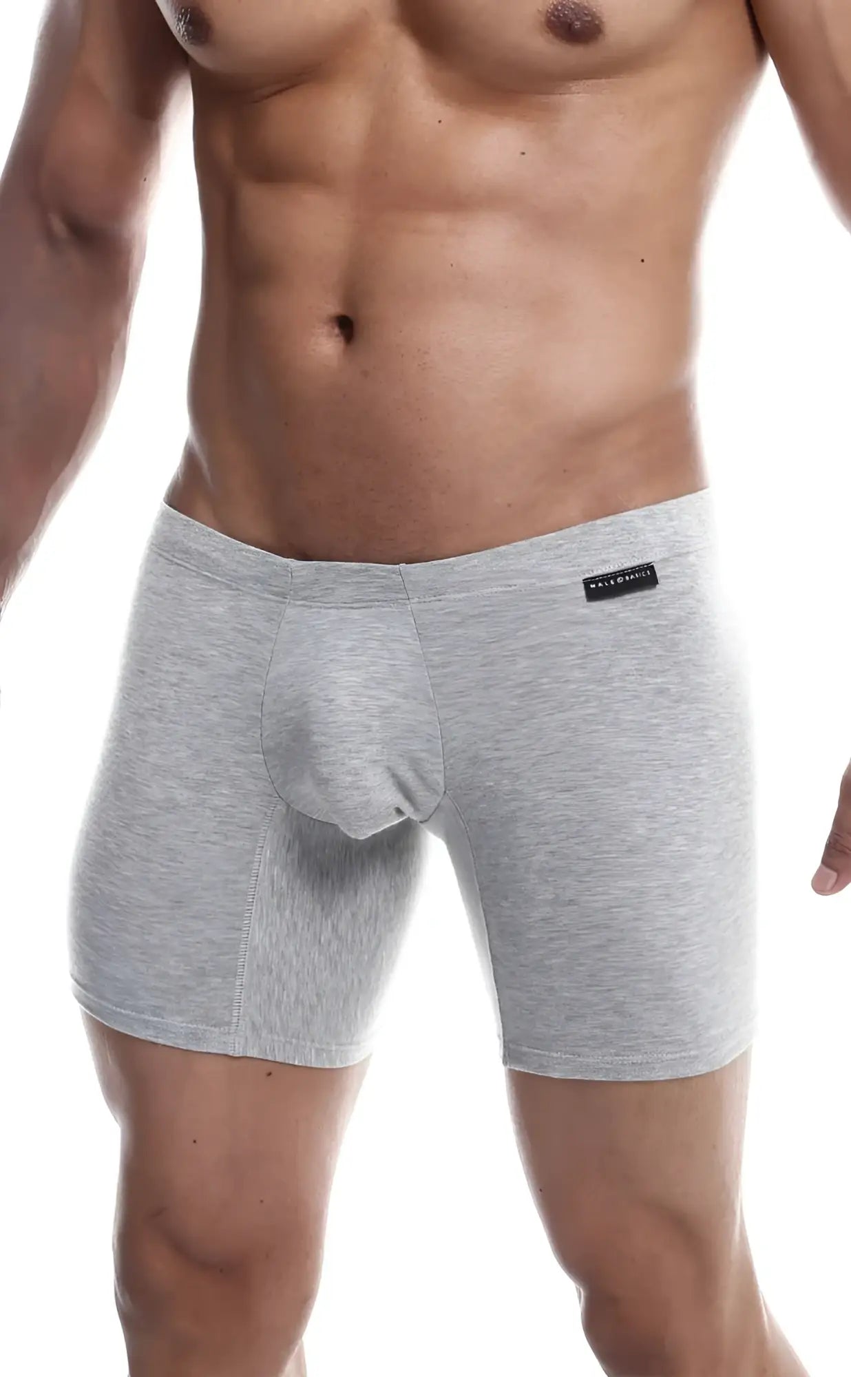 MaleBasics silver plus gray heathered men’s boxer briefs with contoured pouch and black brand tag on waistband