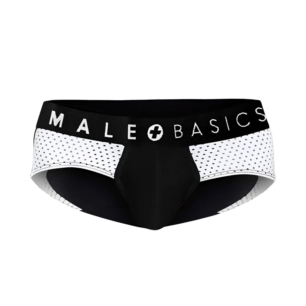 Black and white mesh-patterned men’s underwear brief with male basics branding on the waistband