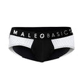 Black and white mesh patterned men’s underwear brief with male basics branding on waistband male basics spot brief black