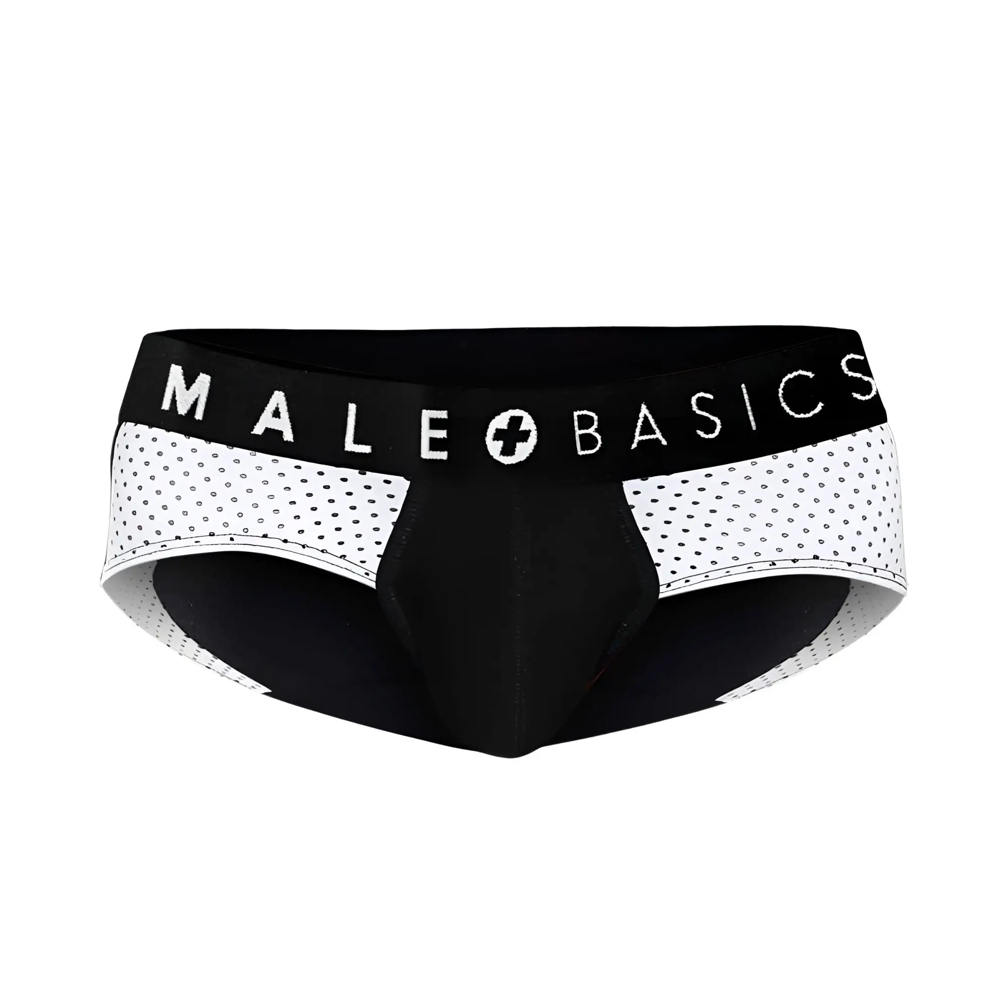 Black and white mesh patterned men’s underwear brief with male basics branding on waistband male basics spot brief black