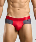 Malebasics spot brief red red and gray athletic briefs with satin-like waistband and dotted mesh panels front view