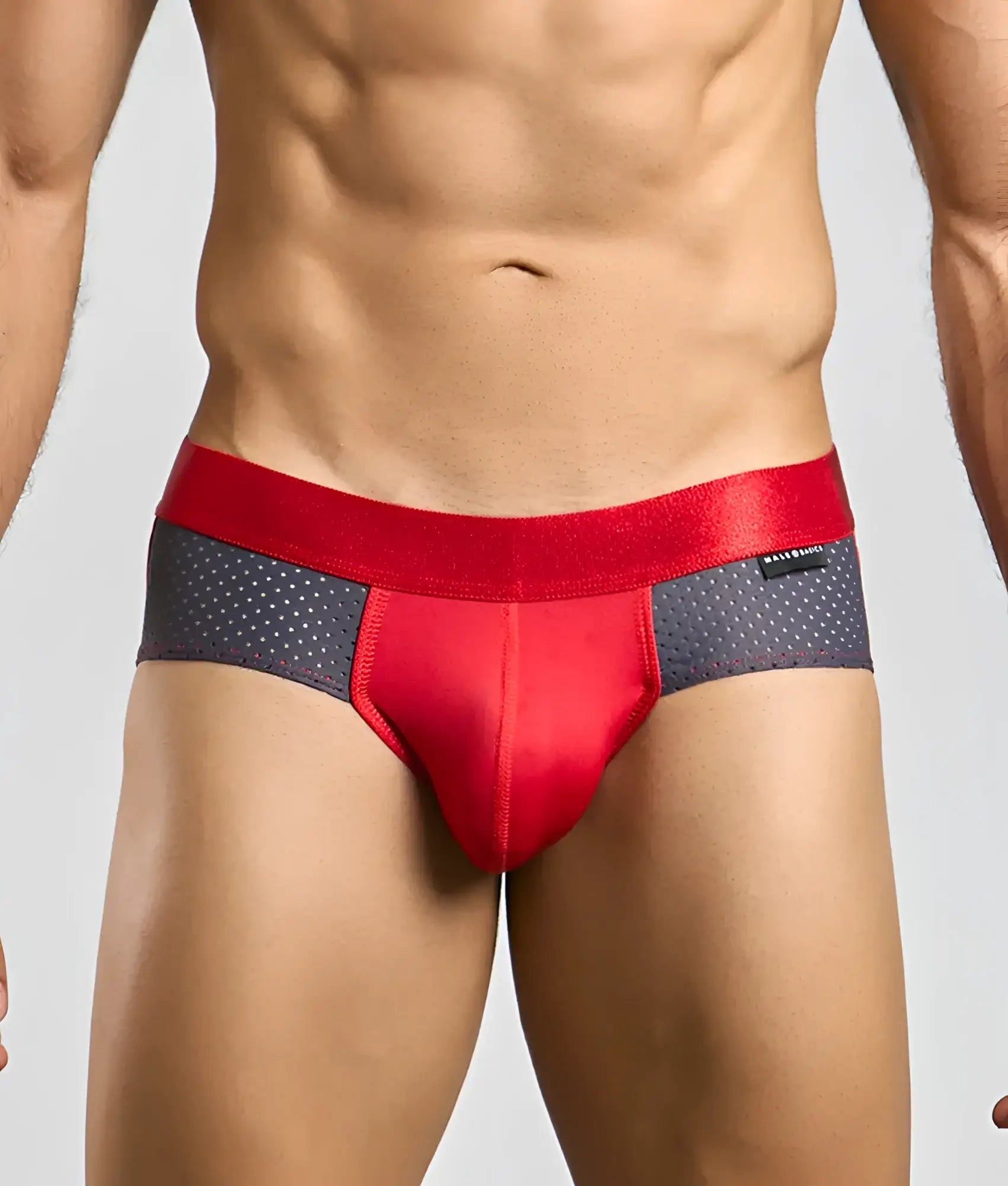 Malebasics spot brief red red and gray athletic briefs with satin-like waistband and dotted mesh panels front view