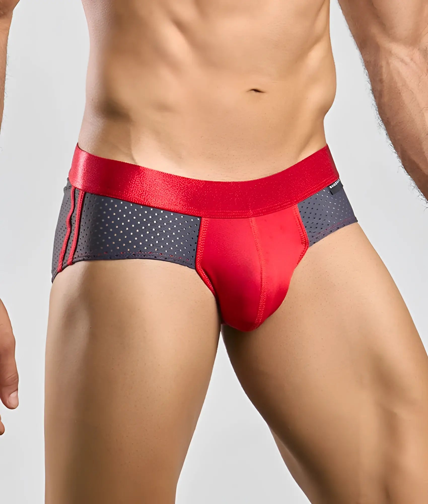 Red and gray male basics spot brief with satin waistband and perforated side panels for athletic wear