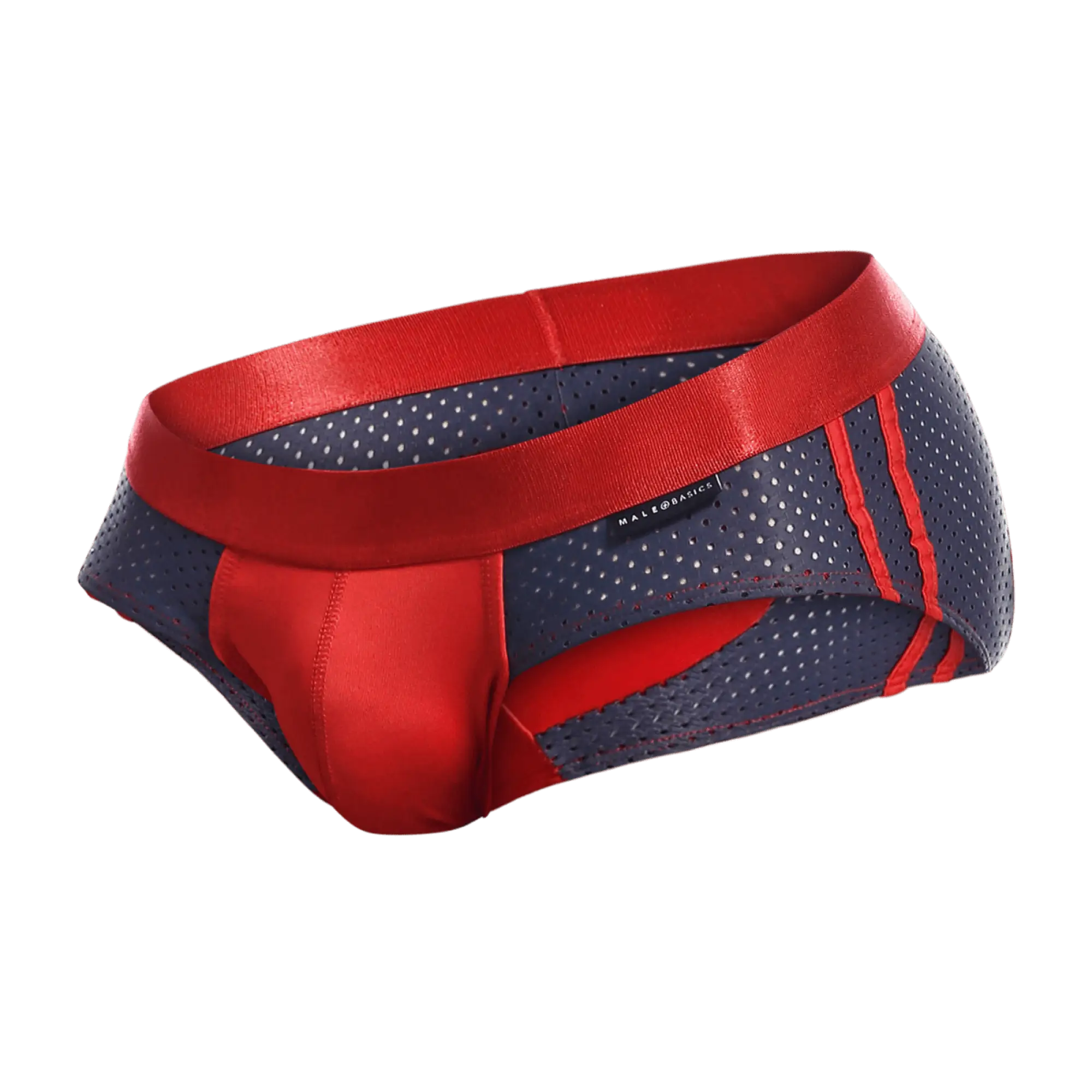 Malebasics spot brief red in red and navy blue perforated fabric with satin red waistband and bold red side stripes