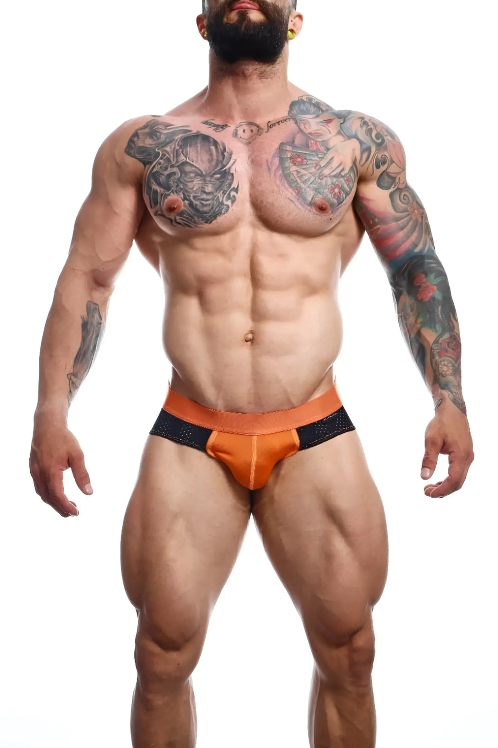 Orange and black male basics spot brief with perforated waistband athletic briefs for active wear