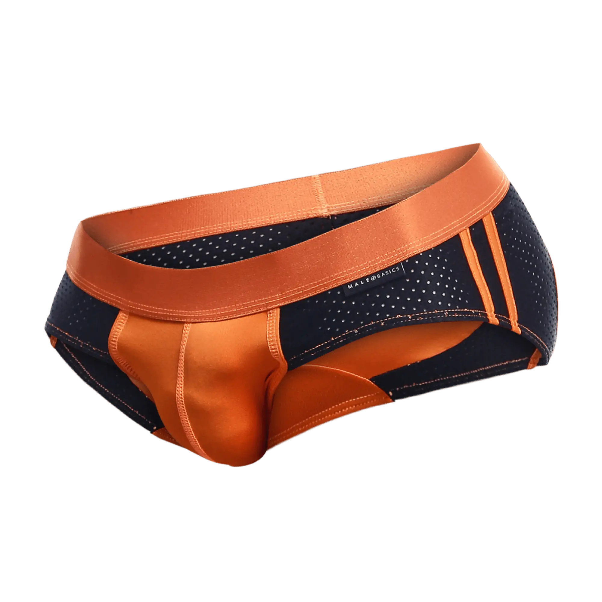 Male basics spot brief in orange and navy blue with perforated mesh design satin-like trim and three stripes on the side