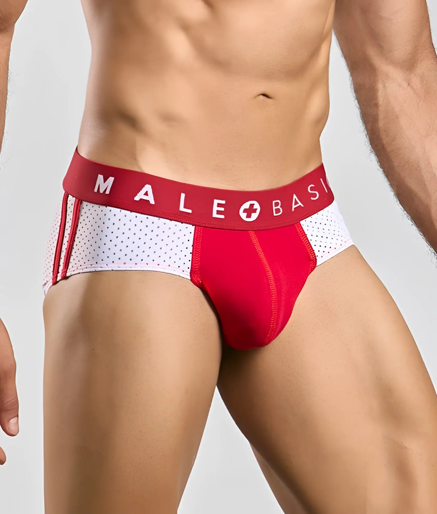 Male basics spot brief red and white athletic briefs with perforated side panel and bold waistband branding