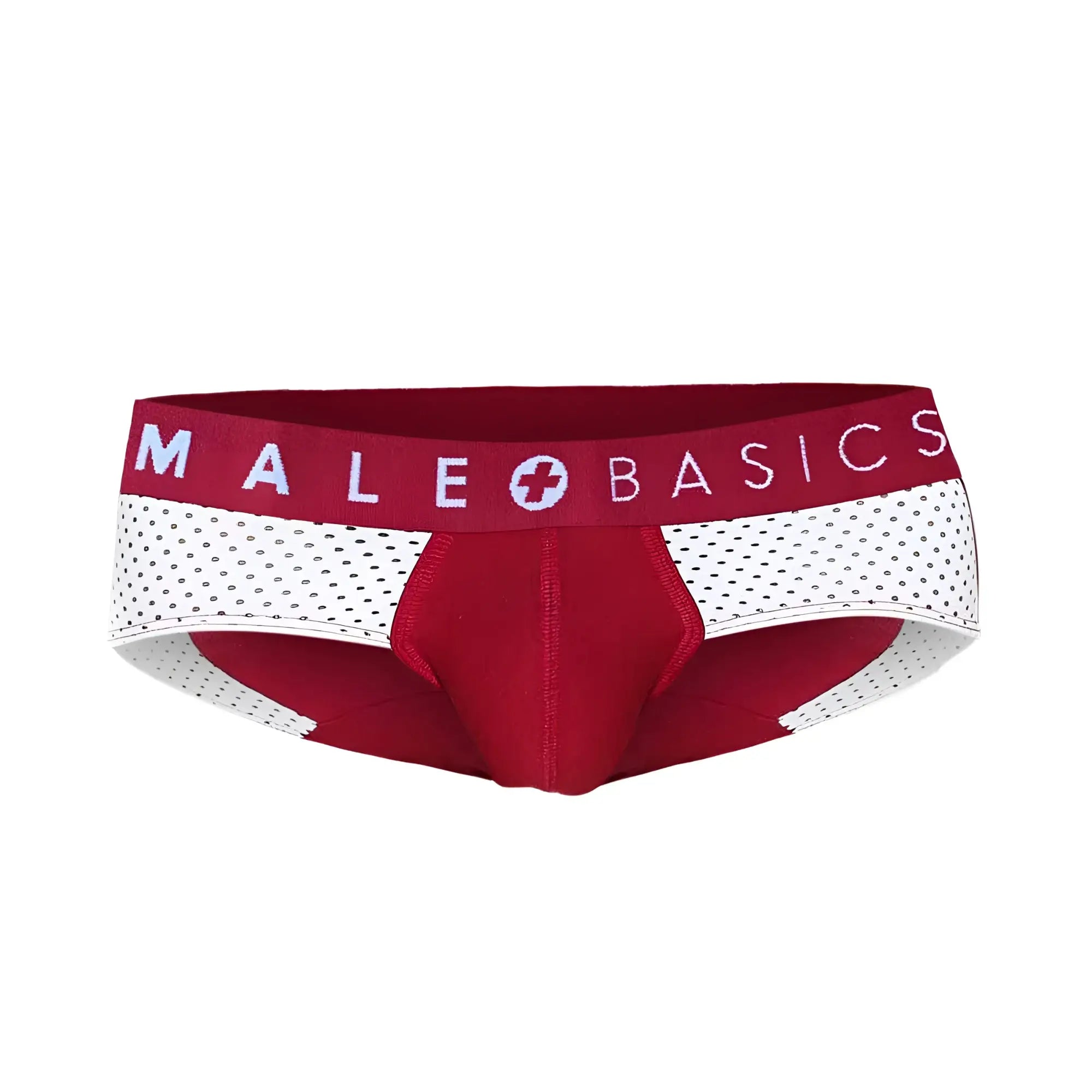 Malebasics spot brief red and white male briefs with perforated mesh side panels for breathability