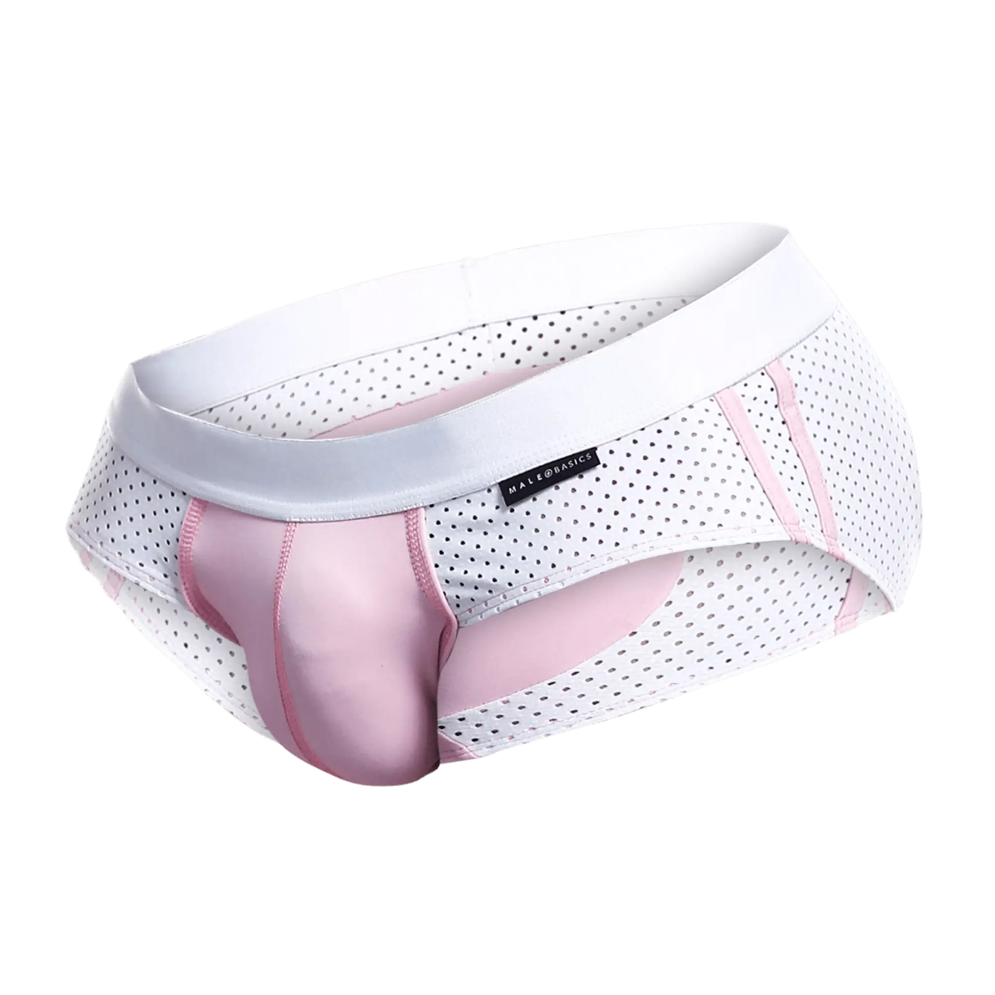 Malebasics spot brief red with white and pink perforated mesh and satin-like pink panel underwear front view