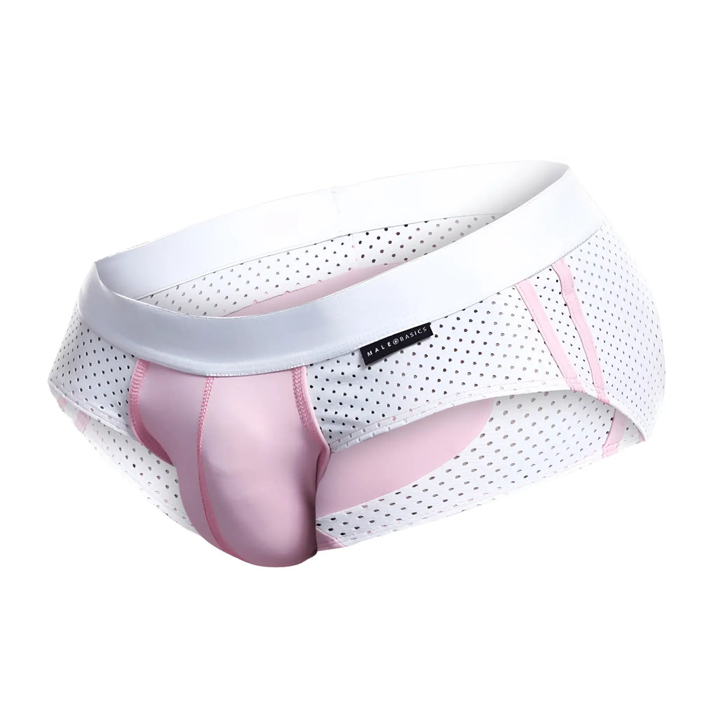 MaleBasics Spot Brief-Red white and pink perforated mesh briefs with satin-like pink panel front view