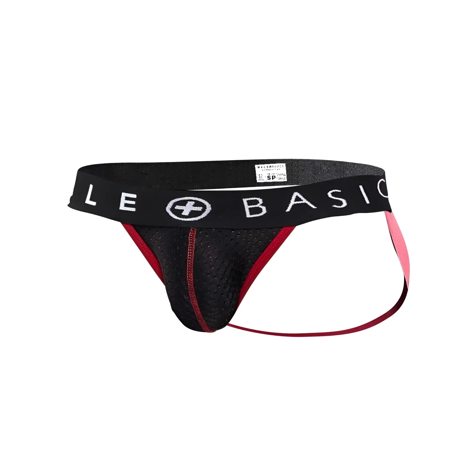 Black and pink mesh athletic brief with branded waistband from malebasics spot jockstrap in black