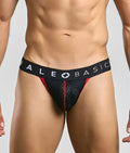 Black and red male basics spot jockstrap with perforated mesh front and branded waistband in athletic style briefs
