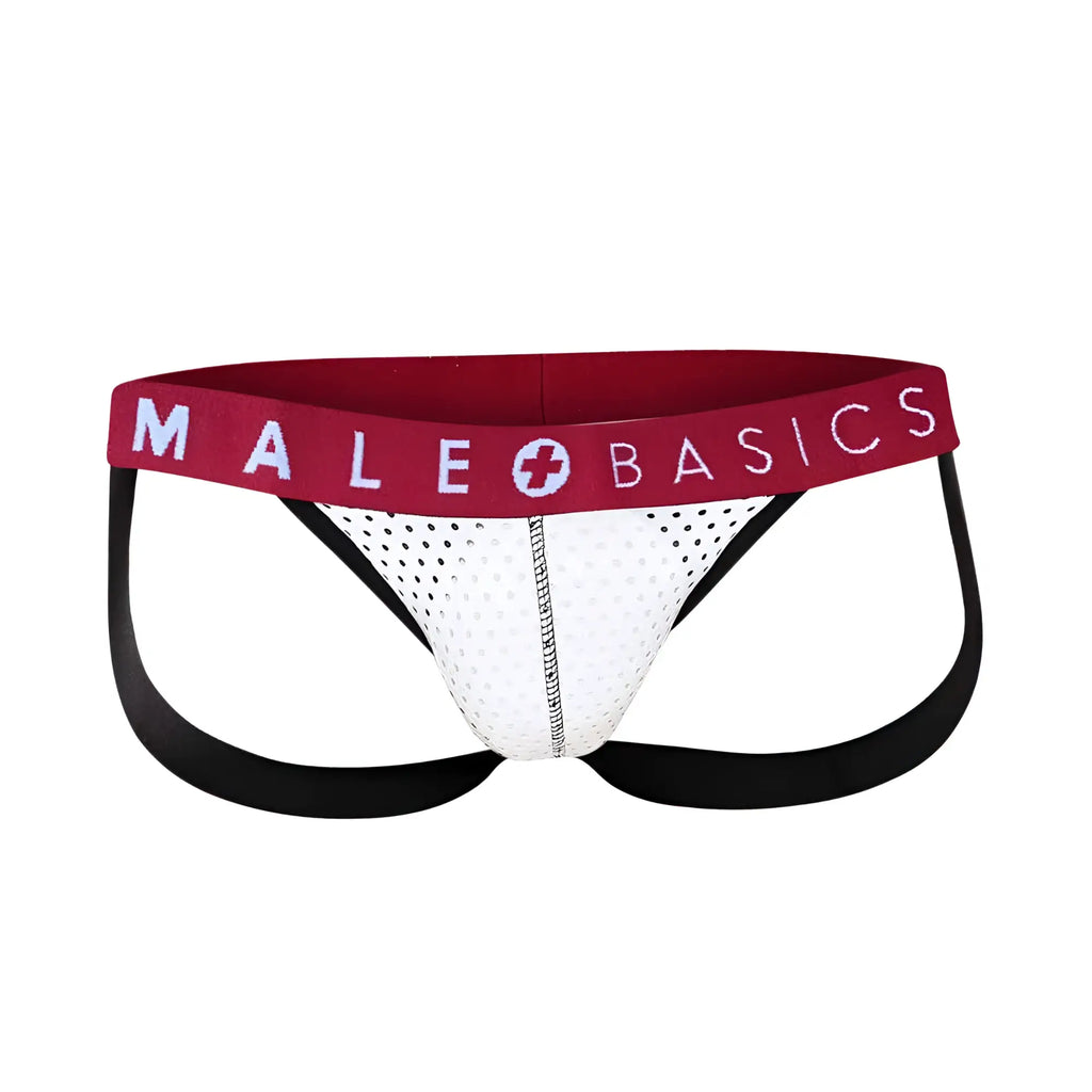 Malebasics spot jockstrap white mesh male briefs with red waistband and black side straps for comfortable support