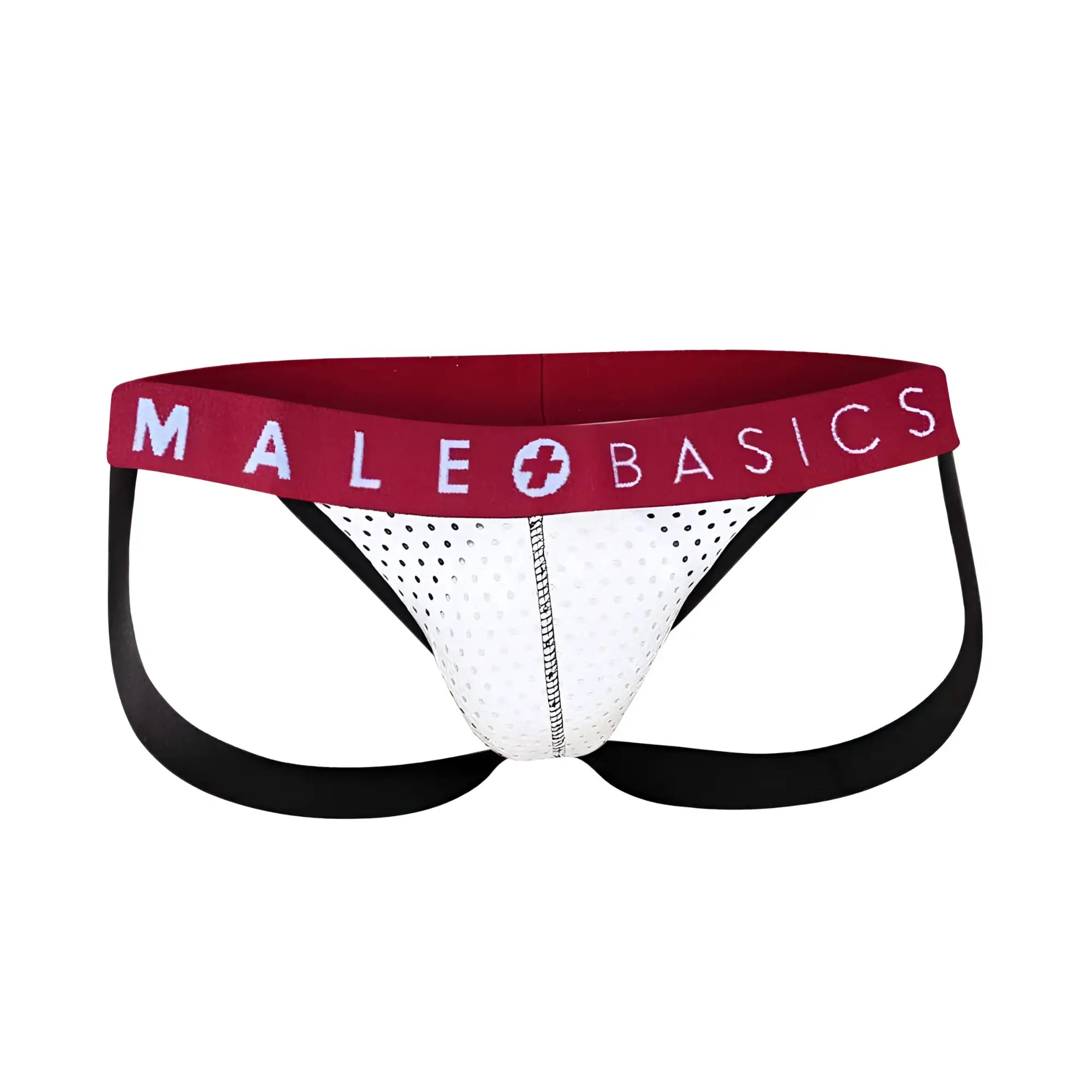 Male basics spot jockstrap white mesh briefs with red waistband and black side straps for men