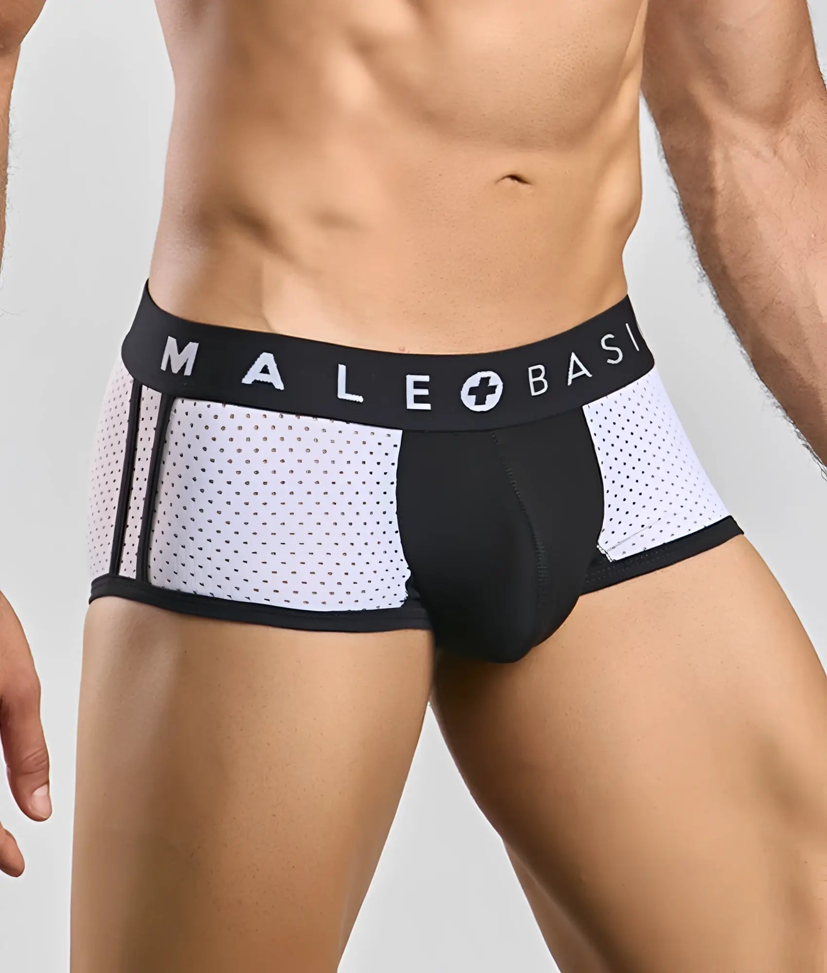 Black and white mesh athletic briefs with branded waistband from Malebasics spot new sexier trunk pink collection